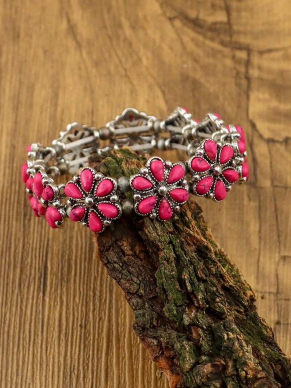 New Pink Faux Turquoise Flower Link Stretch Bracelet - Women's Fashion Jewelry